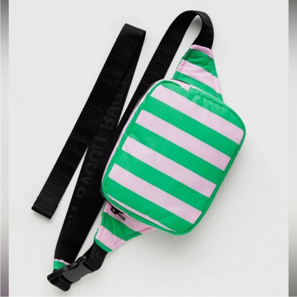 NWT BAGGU Awning Stripe Puffy Fanny Pack Pink Green